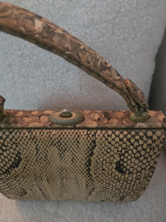 Handbags - Luxurious Snake/Python Skin Top-Handle Bag in Olive Brown Vintage 1960's.